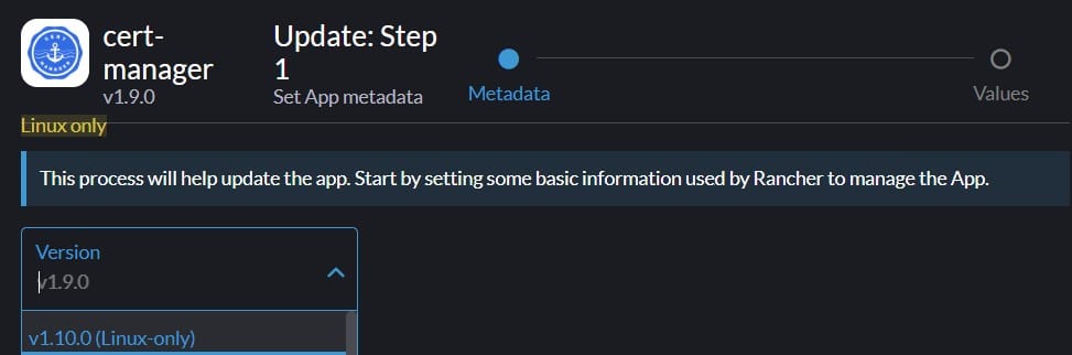 Cert Manager upgrade from Rancher shows only latest version