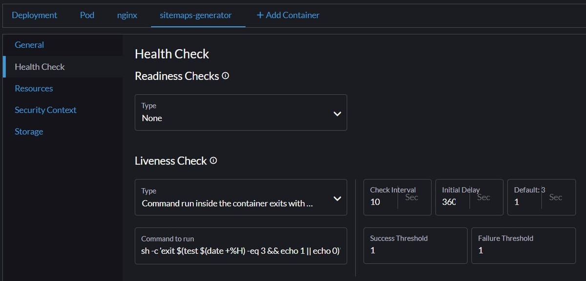 How to regenerate sitemap every day via livenessProbe in Kubernetes