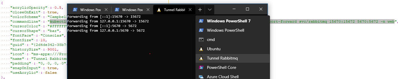 Windows Terminal Preview - create shorthand for Kubernetes port-forward